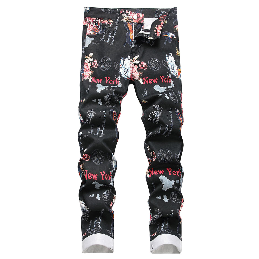 Street Fashion In New York - Men Digital Print Jeans Fashion Flower